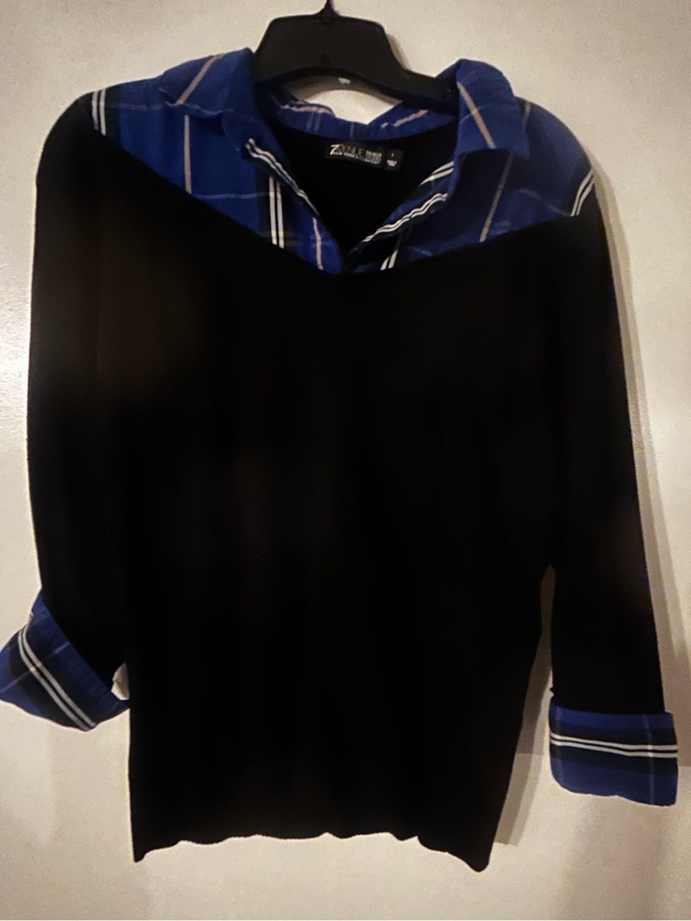 New York and Conpany Black Layered-Look Sweater with Blue Plaid Collar & sleeves